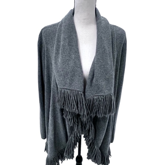 CATHERINE MALANDRINO GRAY WOOL & CASHMERE RIBBED KNIT OPEN CARDIGAN WITH FRINGE - Picture 4 of 13